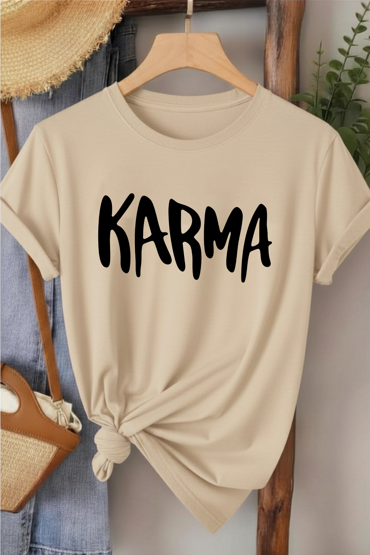 Karma - Bej Baskılı Pamuk T-shirt