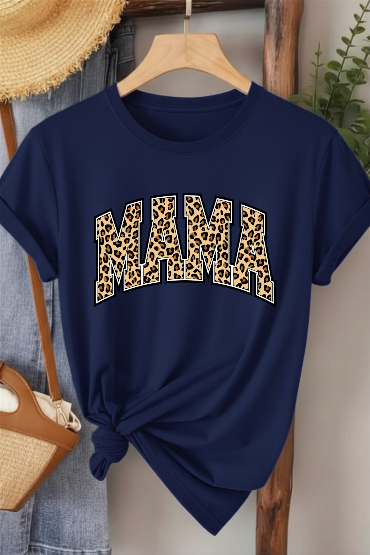 Leopar Mama - Lacivert Baskılı Pamuk T-shirt