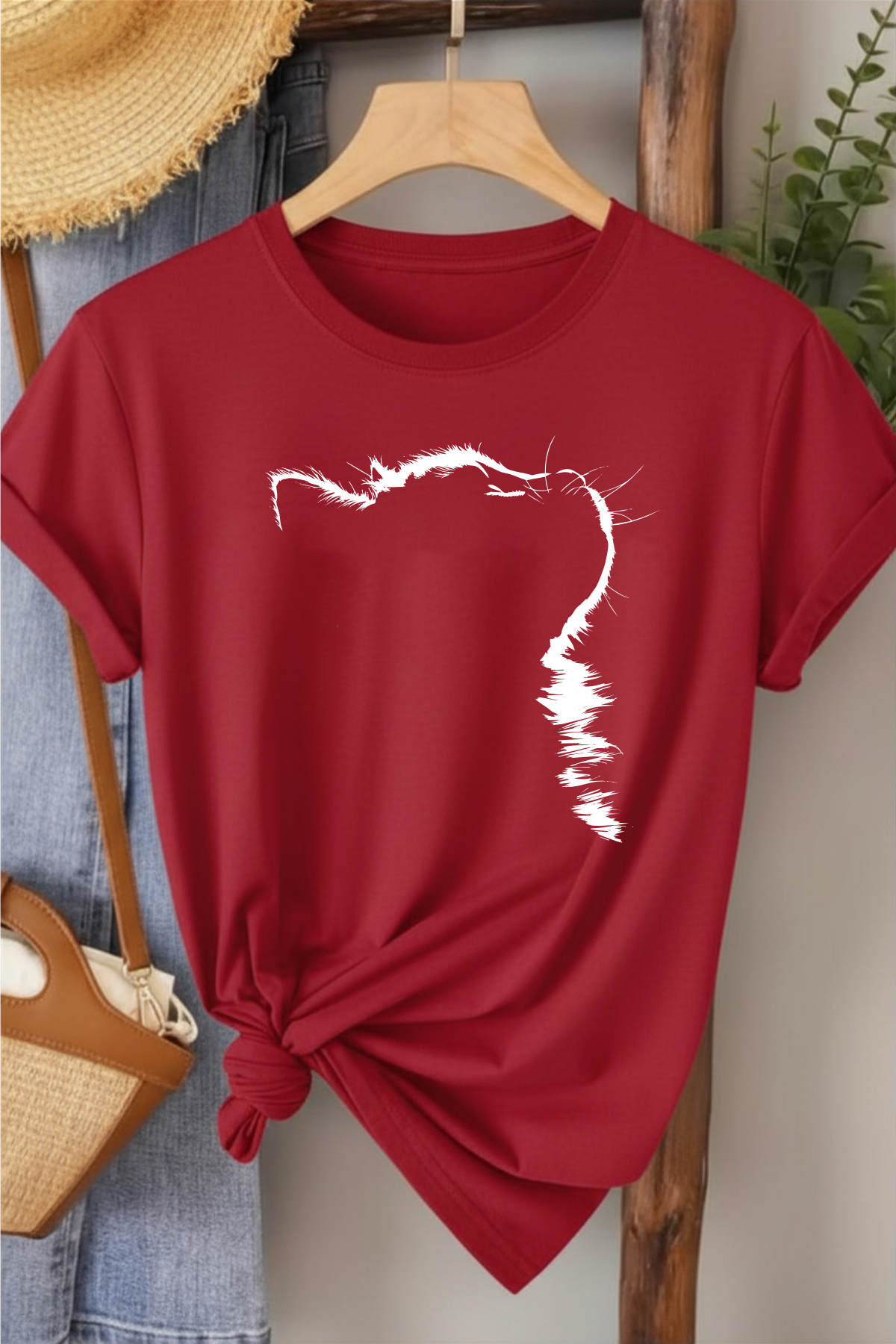Kedi Profil - Kırmızı Baskılı Pamuk T-shirt
