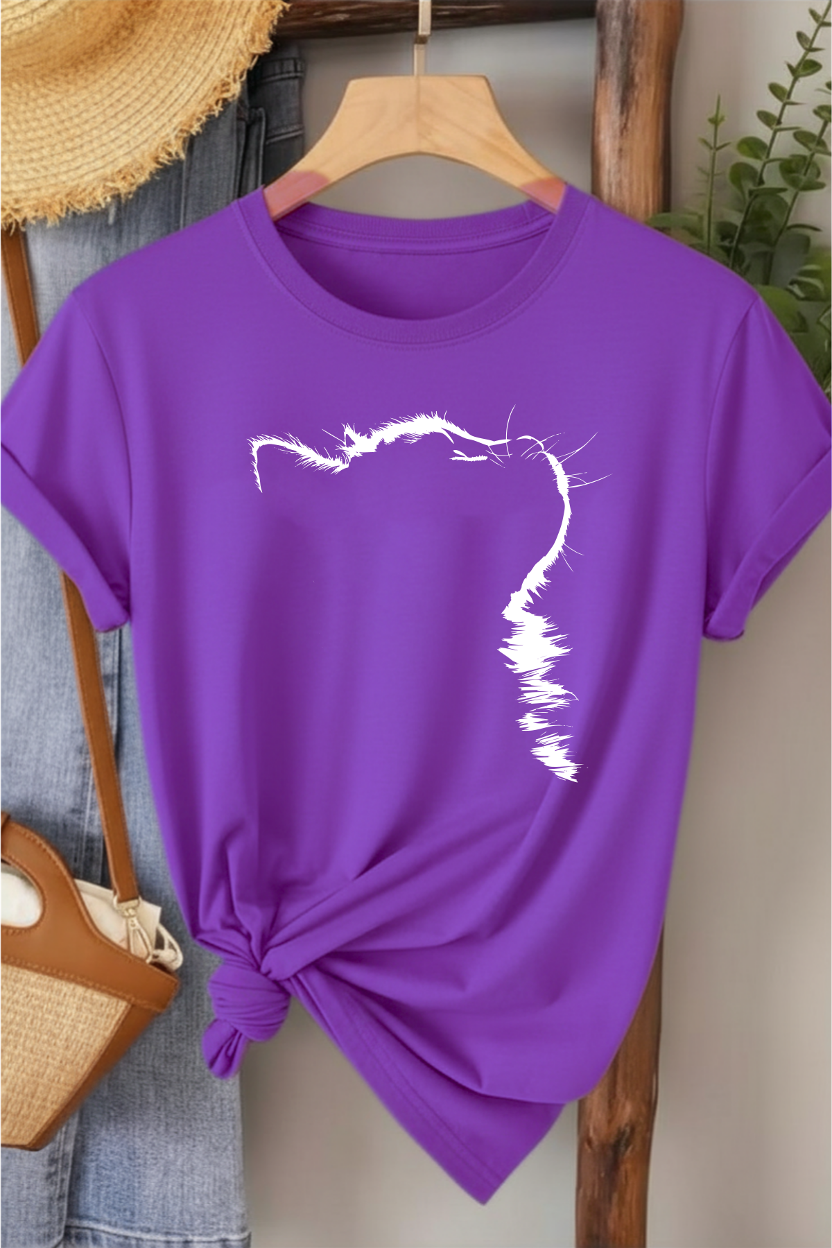 Kedi Profil - Mor Baskılı Pamuk T-shirt