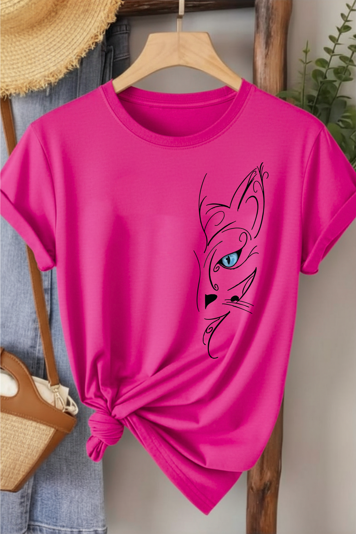Mavi Gözlü Kedi - Fuşya Baskılı Pamuk T-shirt