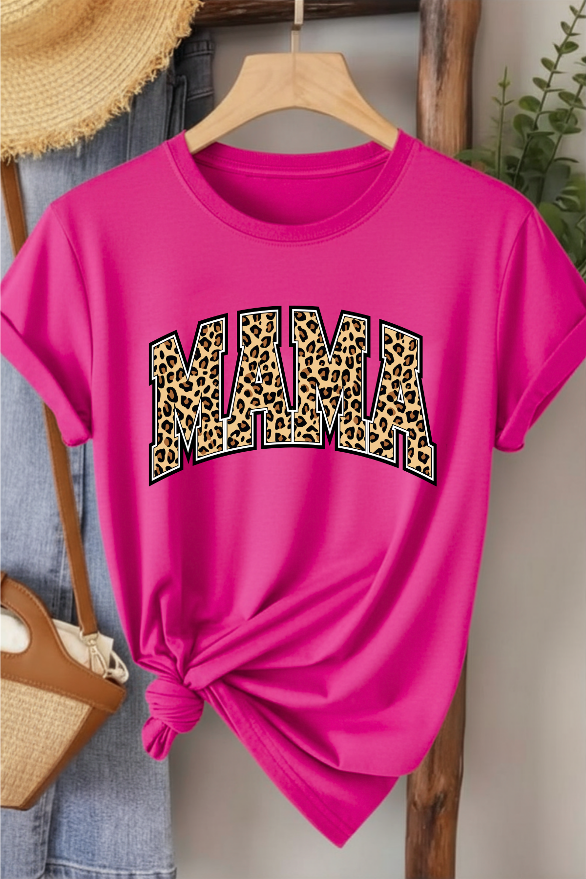 Leopar Mama - Fuşya Baskılı Pamuk T-shirt