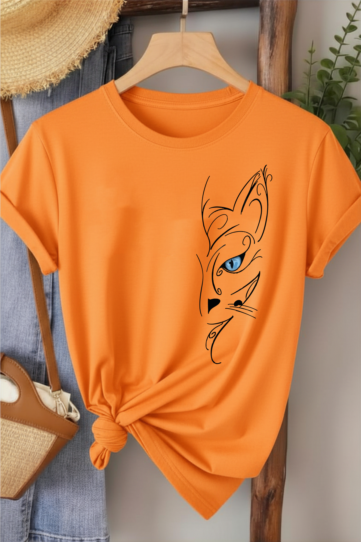 Mavi Gözlü Kedi - Turuncu Baskılı Pamuk T-shirt