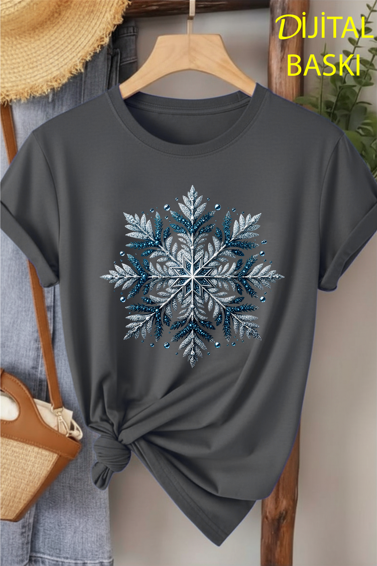Buz Kristali - Füme Baskılı Pamuk T-shirt