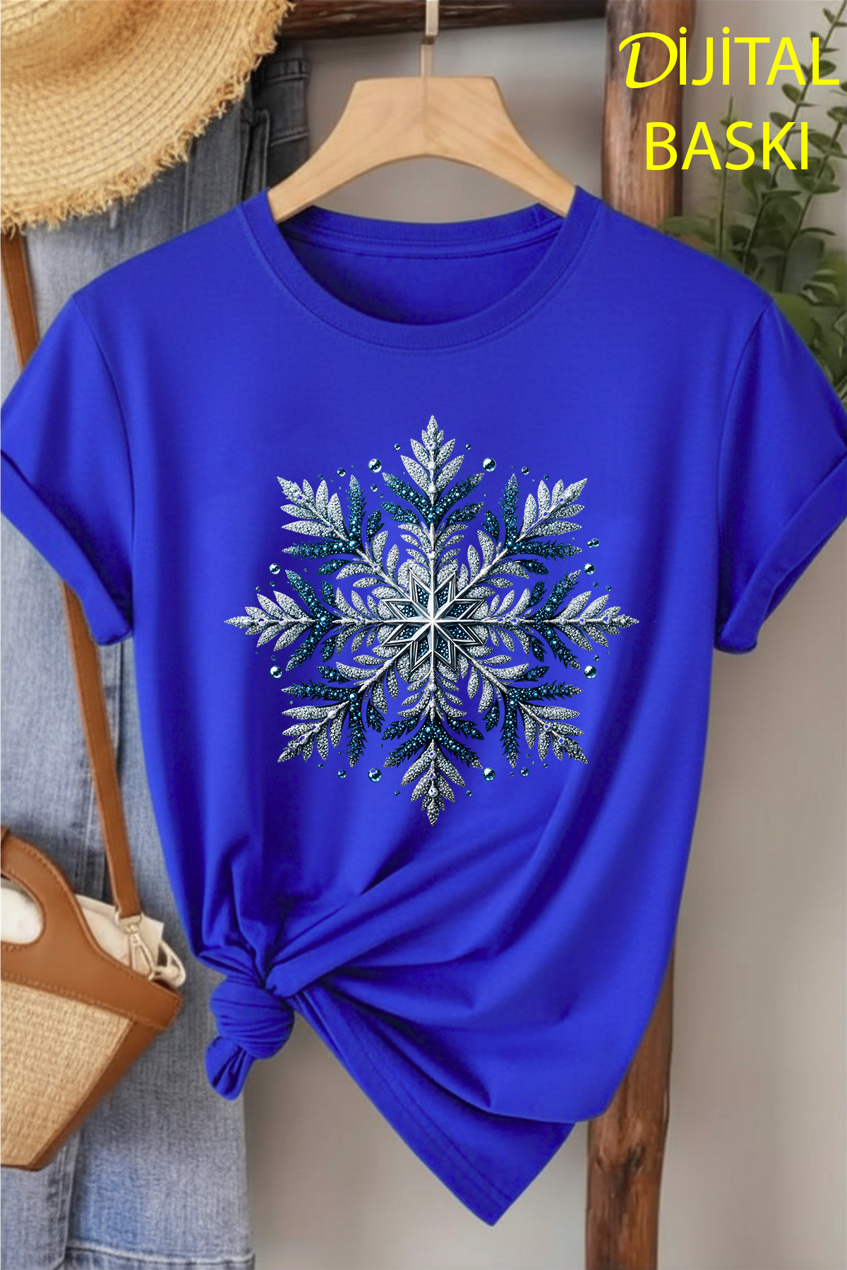 Buz Kristali - Saks Mavisi Baskılı Pamuk T-shirt
