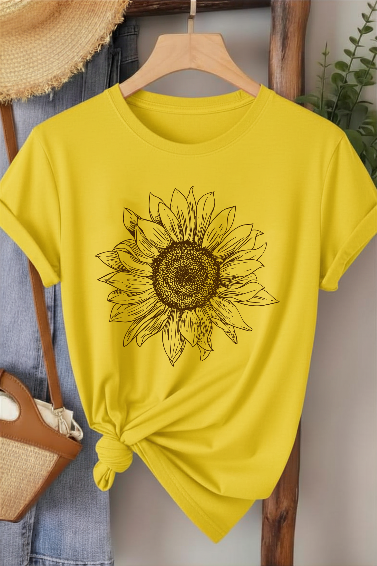 Ayçiçeği - Sarı Baskılı Pamuk T-shirt