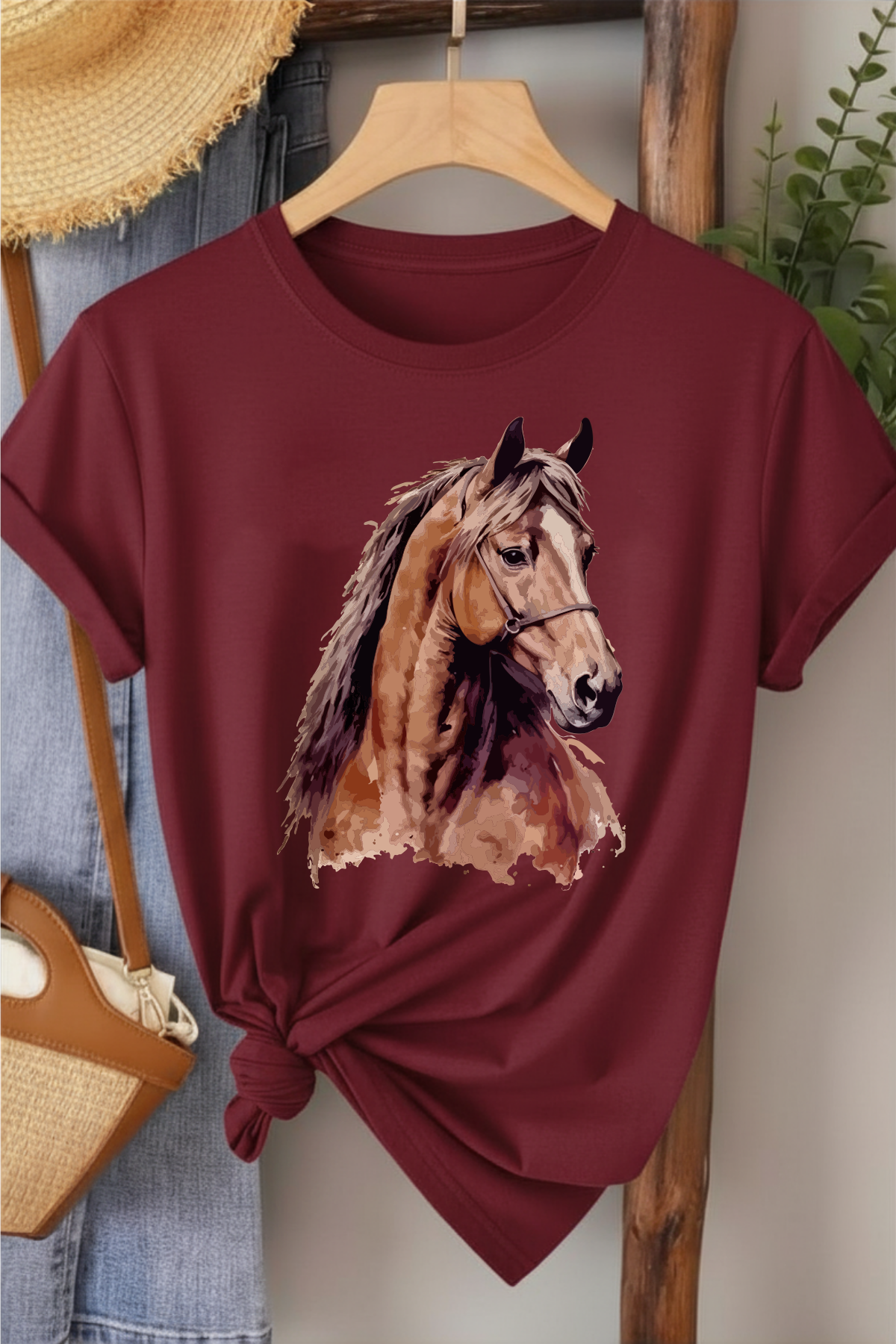 At Portresi - Bordo Baskılı Pamuk T-shirt