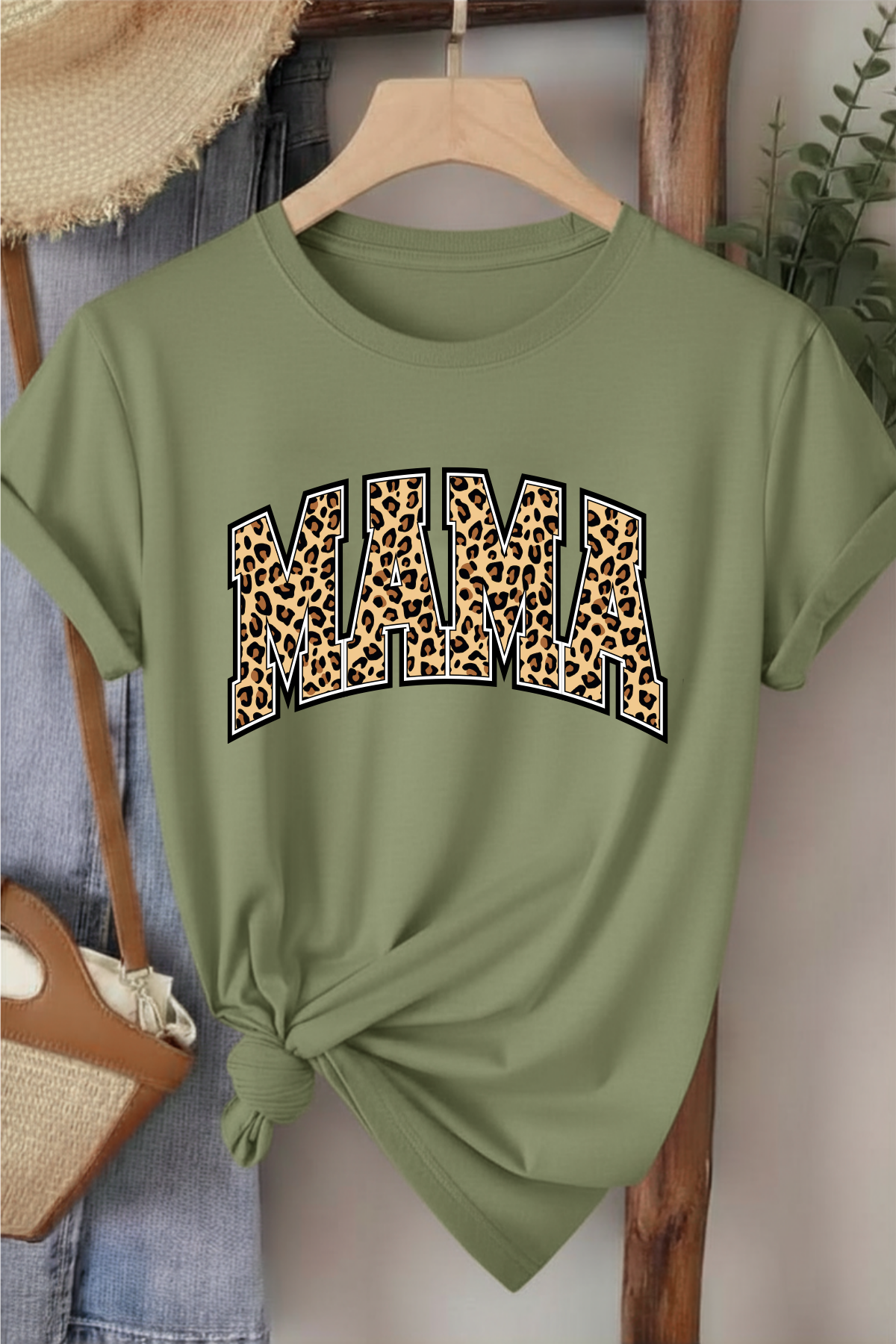 Leopar Mama - Haki Yeşili Baskılı Pamuk T-shirt