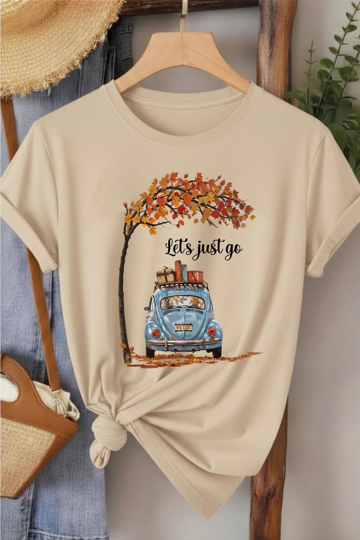 Let's Just Go - Bej Baskılı Pamuk T-shirt