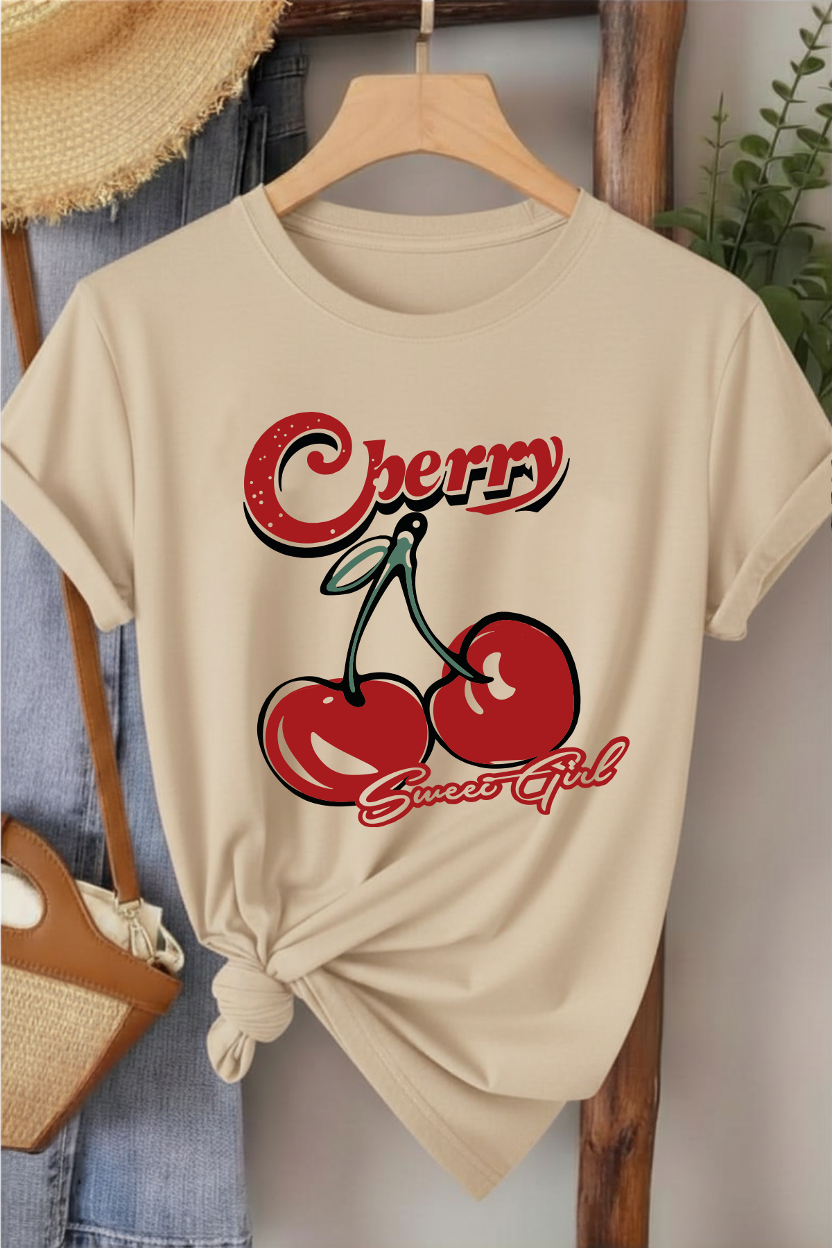 Cherry Sweat Girl - Bej Baskılı Pamuk T-shirt