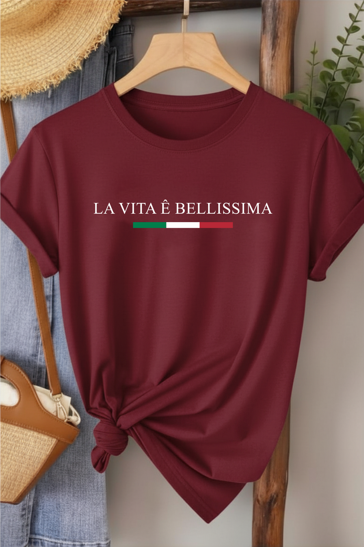 La Vita Bellissima - Bordo Baskılı Pamuk T-shirt