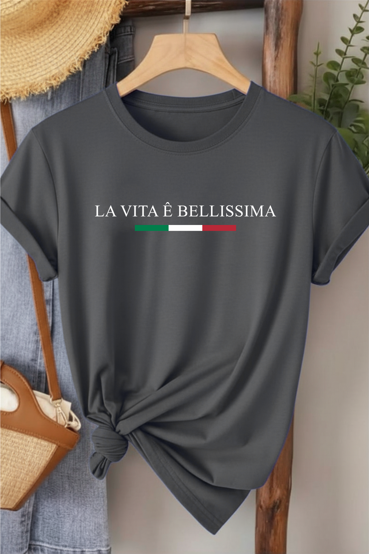 La Vita Bellissima - Gri Baskılı Pamuk T-shirt