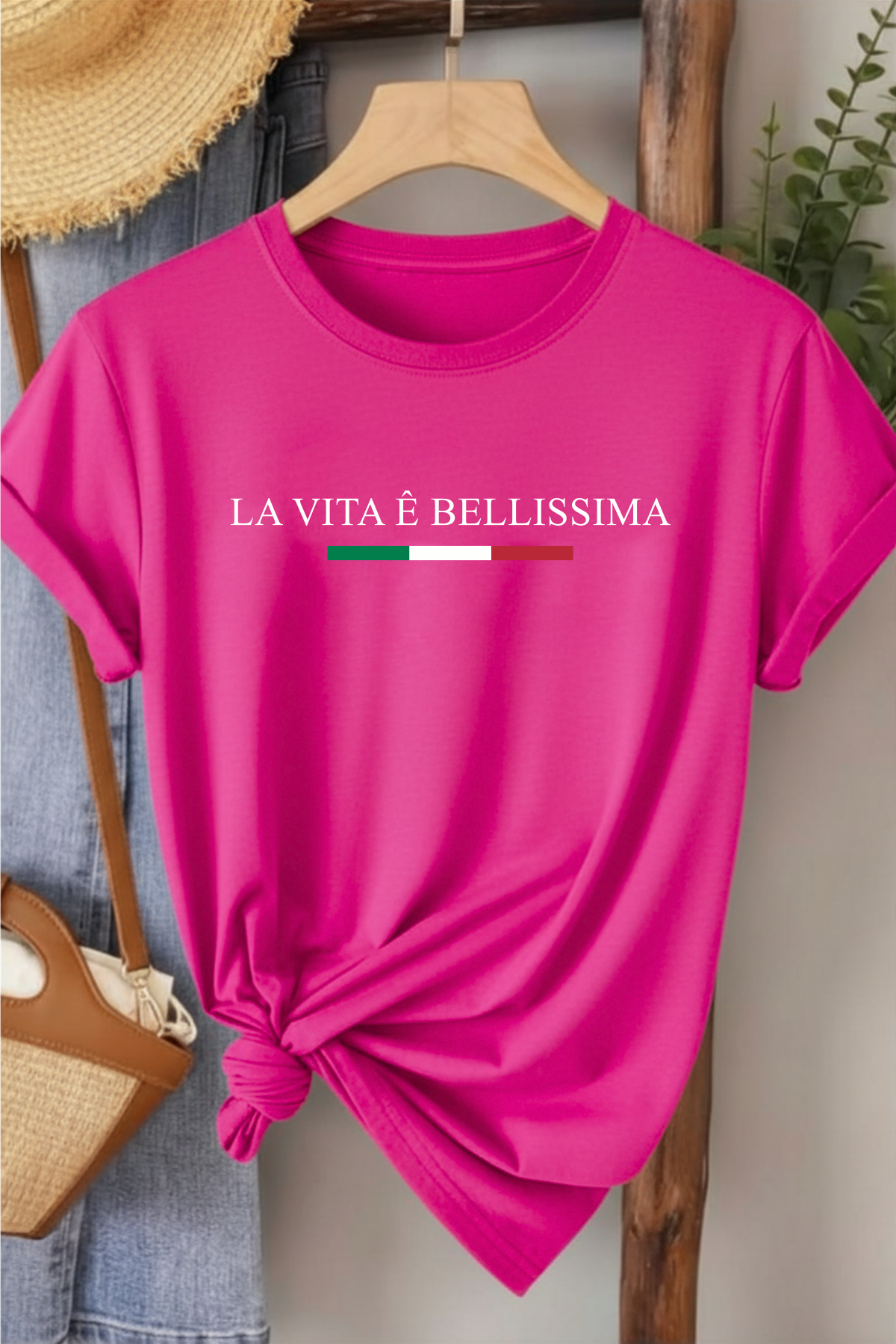 La Vita Bellissima - Fuşya Baskılı Pamuk T-shirt
