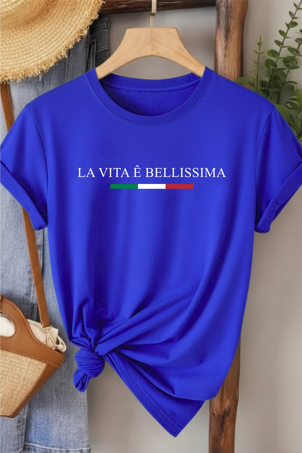 La Vita Bellissima - Saks Mavisi Baskılı Pamuk T-shirt