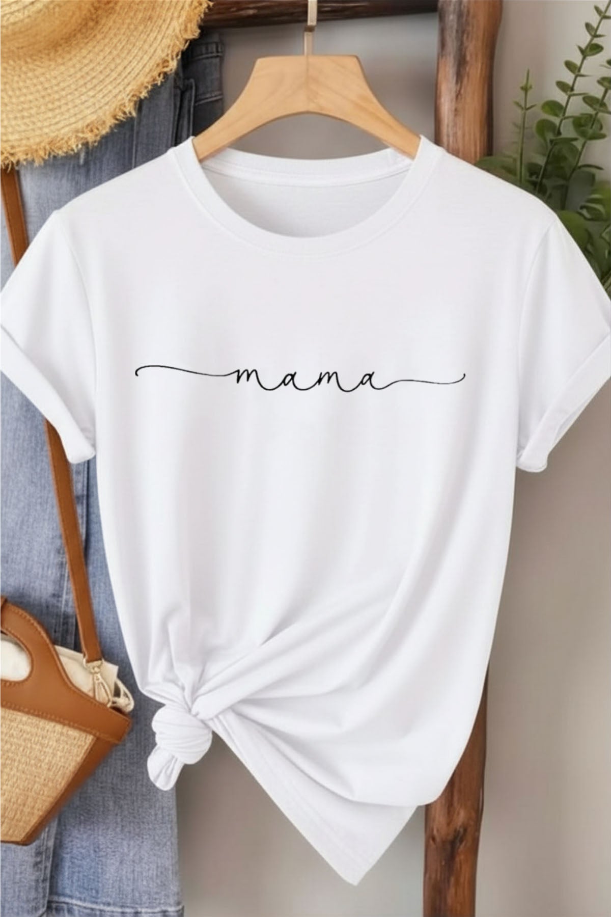 Mama - Beyaz Baskılı Pamuk T-shirt