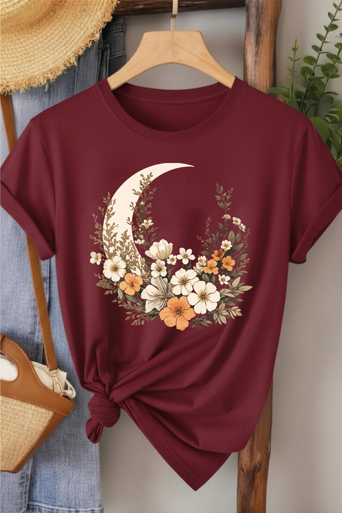Ay & Çiçek - Bordo Baskılı Pamuk T-shirt