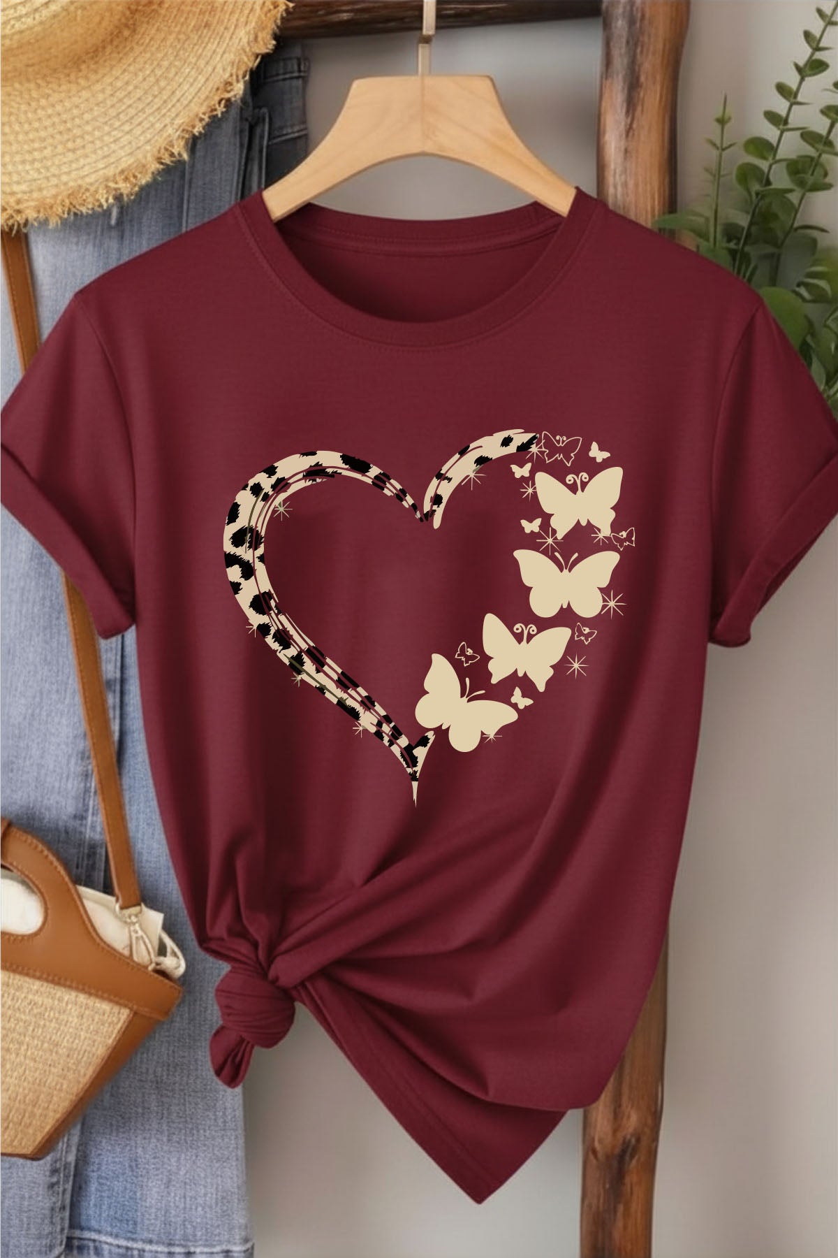 Leopar Kalp & Kelebek - Bordo Baskılı Pamuk T-shirt