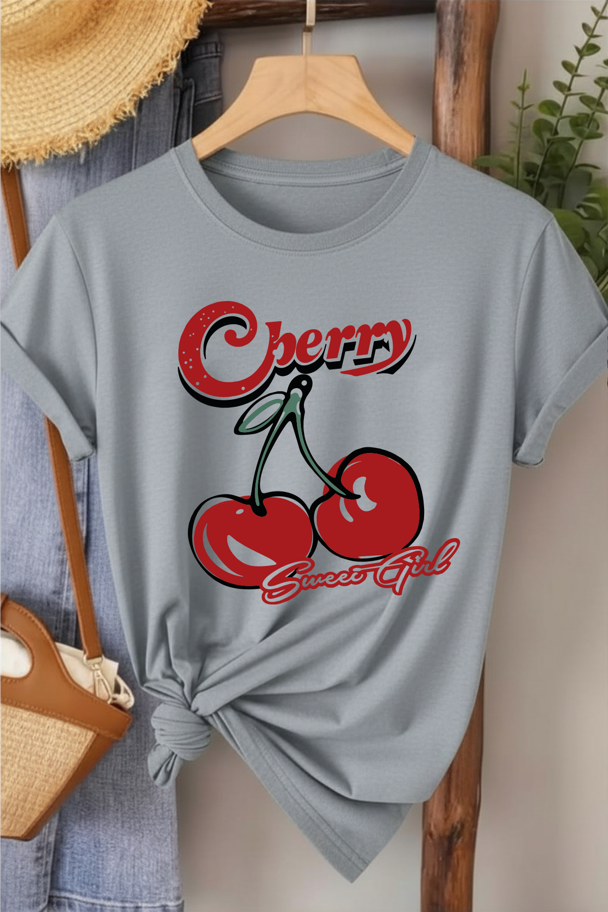 Cherry Sweat Girl - Gri Baskılı Pamuk T-shirt