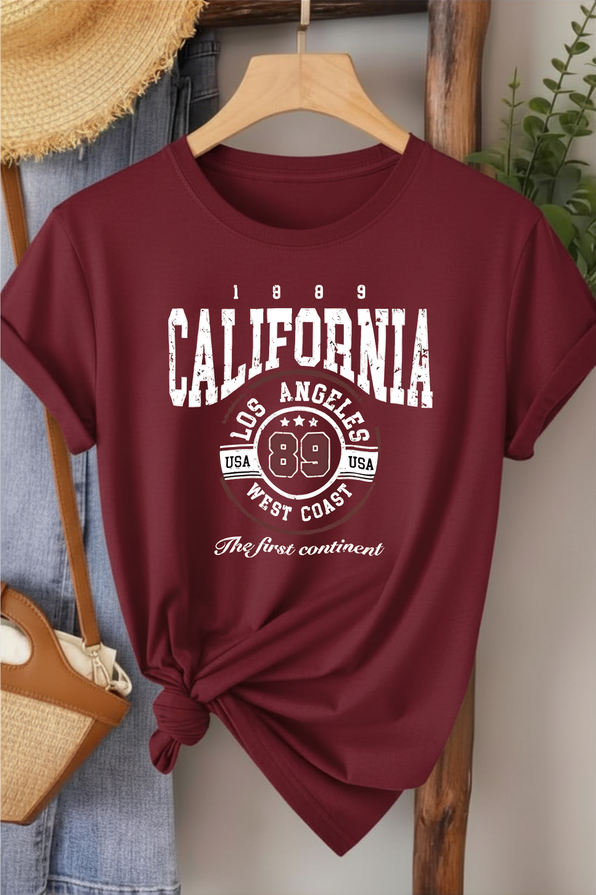 California 89 - Bordo Baskılı Pamuk T-shirt