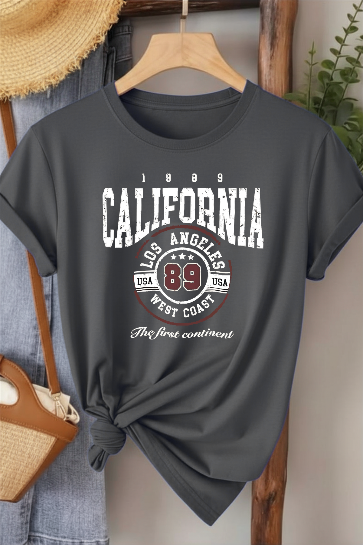 California 89 - Füme Baskılı Pamuk T-shirt