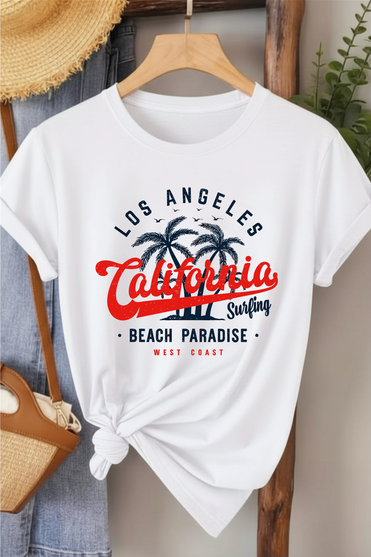 California Beach Paradise - Beyaz Baskılı Pamuk T-shirt