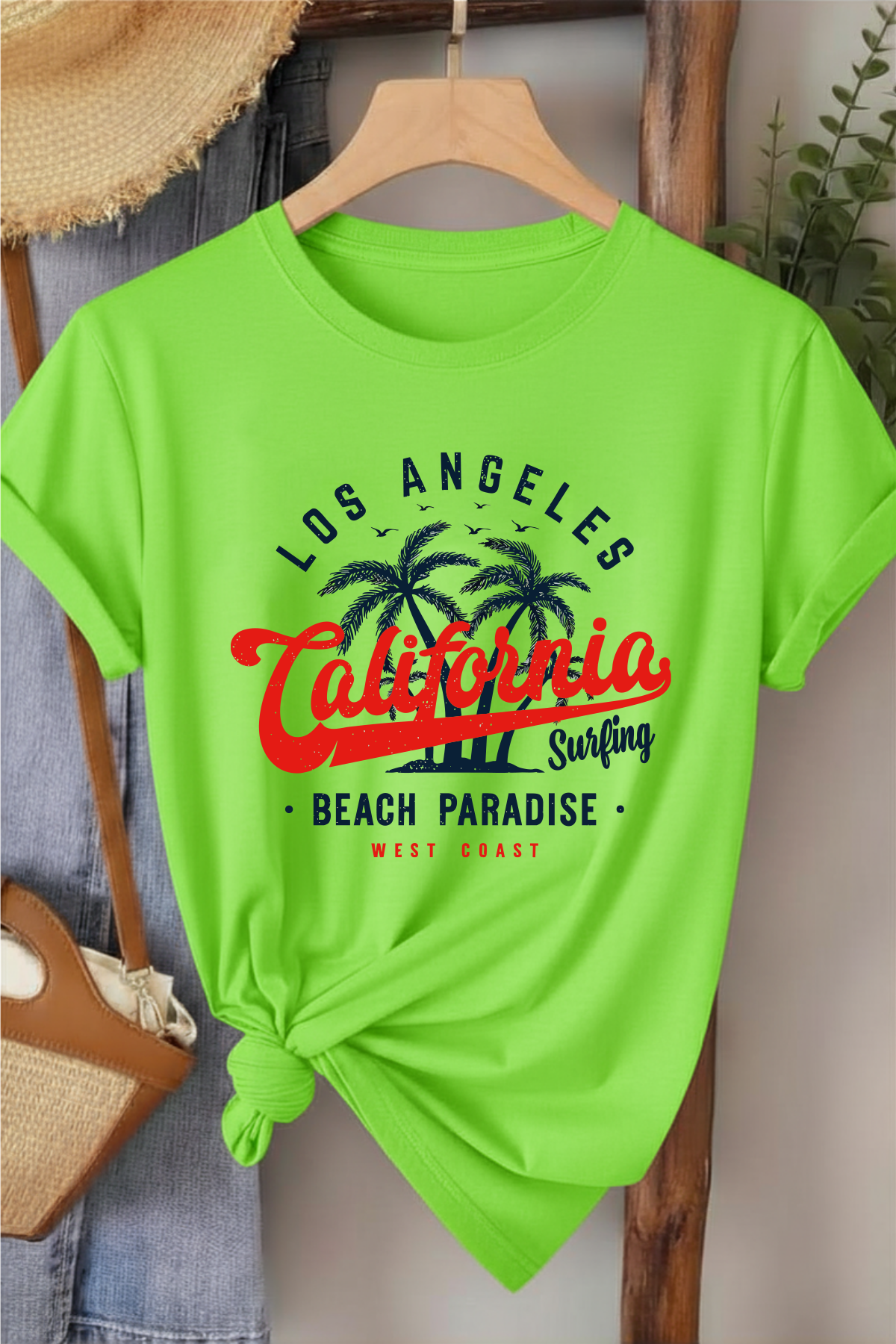 California Beach Paradise - Yeşil Baskılı Pamuk T-shirt