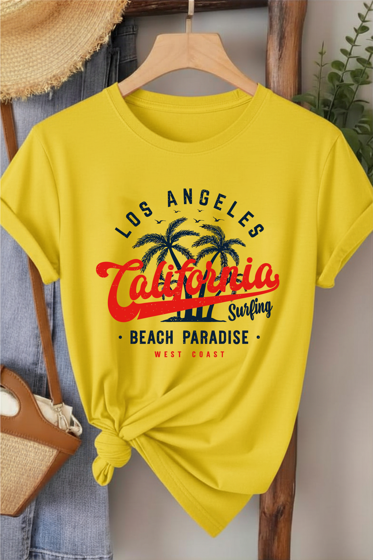 California Beach Paradise - Sarı Baskılı Pamuk T-shirt