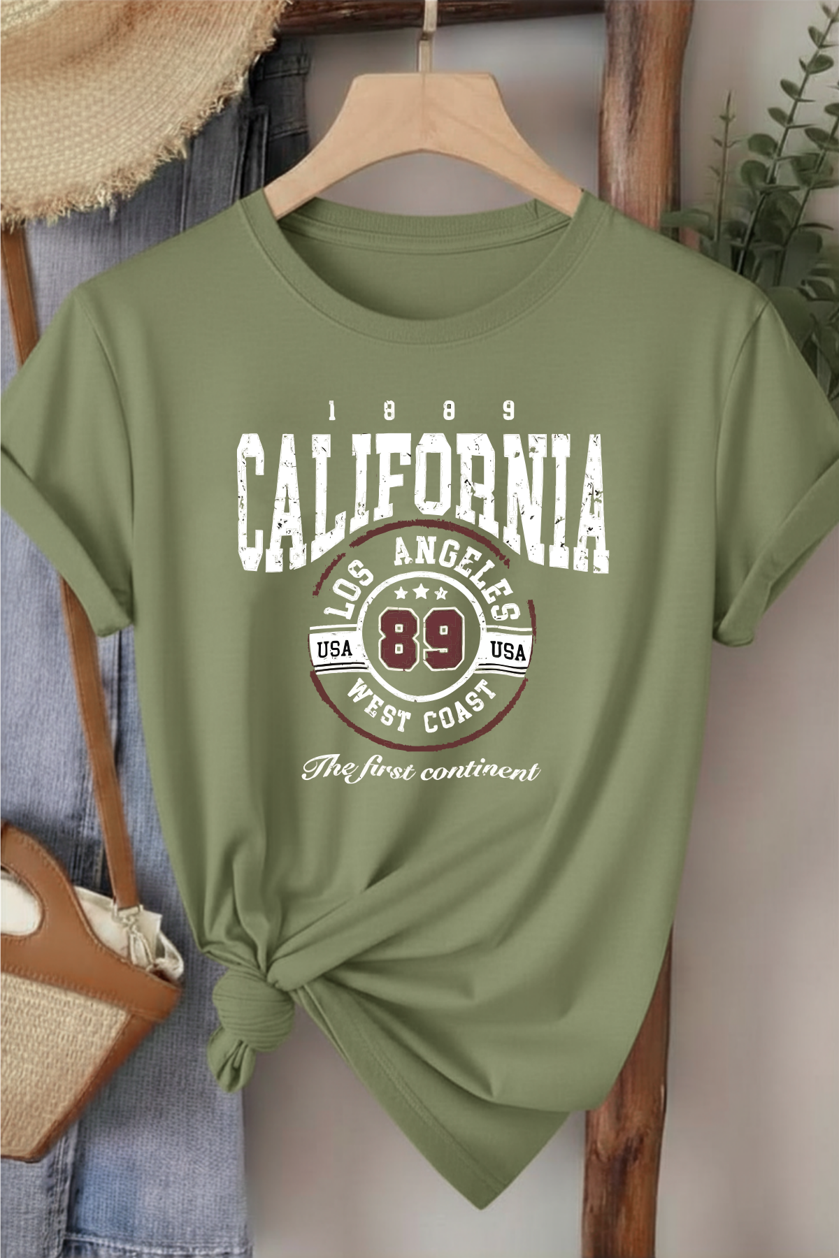 California 89 - Haki Yeşili Baskılı Pamuk T-shirt
