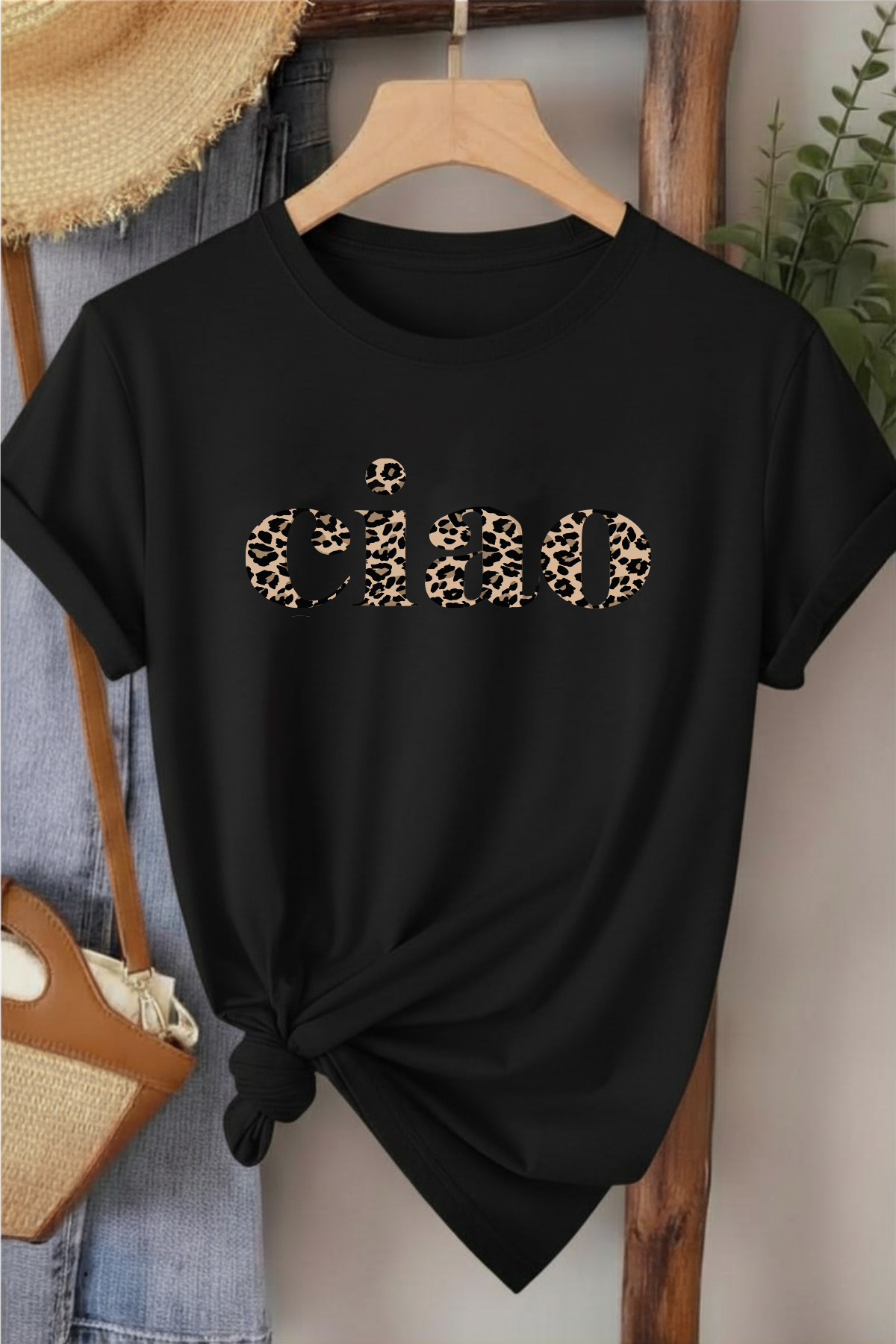 Ciao Leopar Desen - Siyah Baskılı Pamuk T-shirt