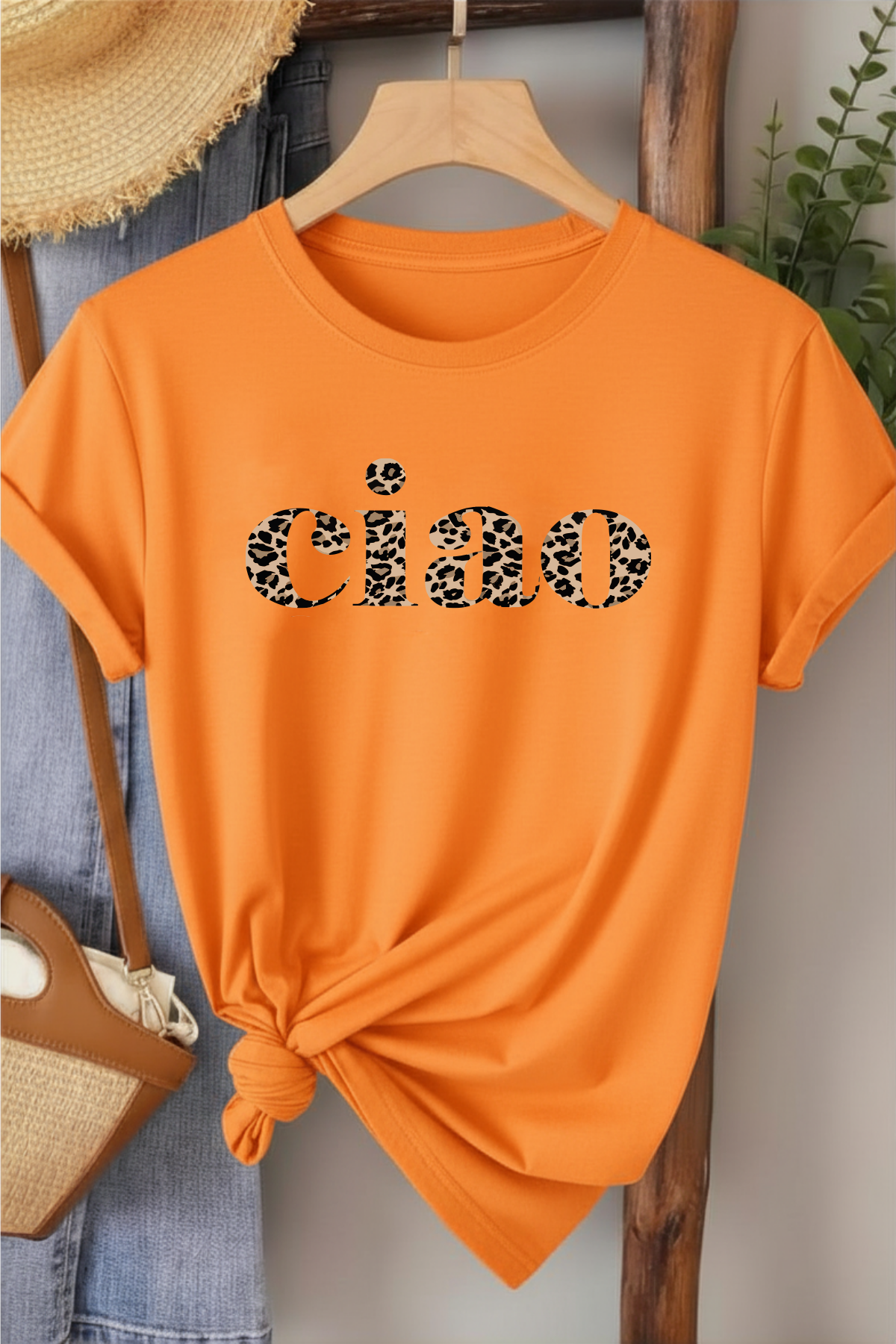 Ciao Leopar Desen - Turuncu Baskılı Pamuk T-shirt