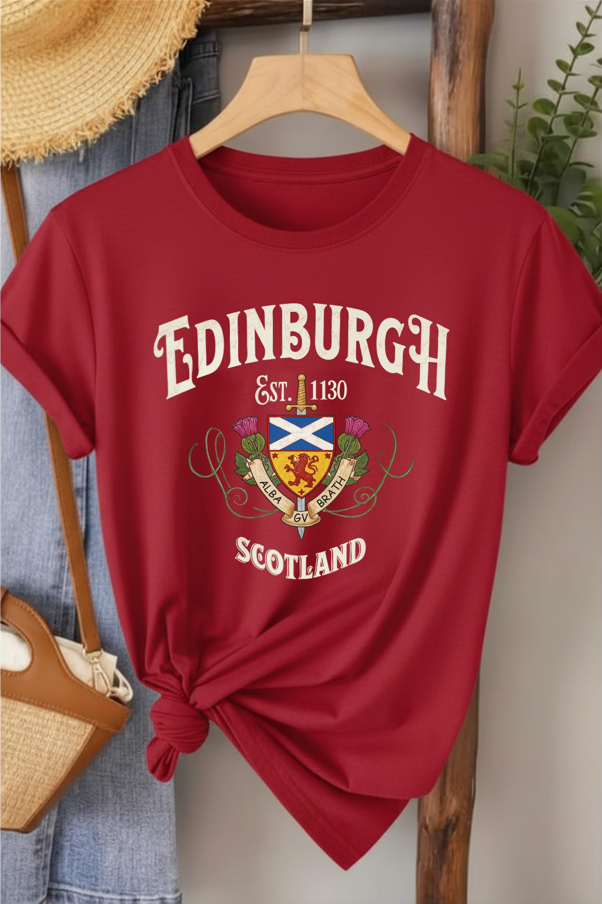 Edinburgh Scotland - Kırmızı Baskılı Pamuk T-shirt