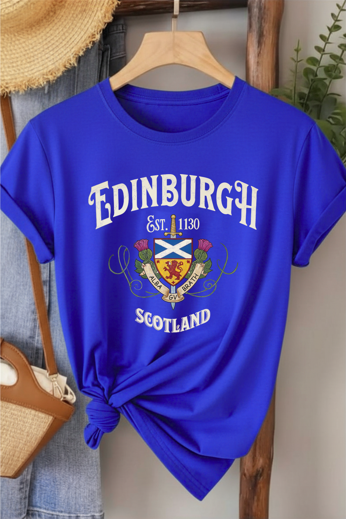 Edinburgh Scotland - Saks Mavisi Baskılı Pamuk T-shirt