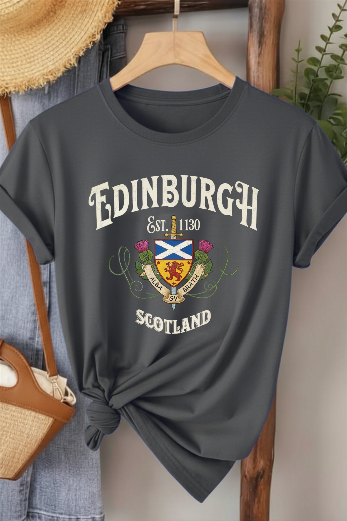 Edinburgh Scotland - Gri Baskılı Pamuk T-shirt