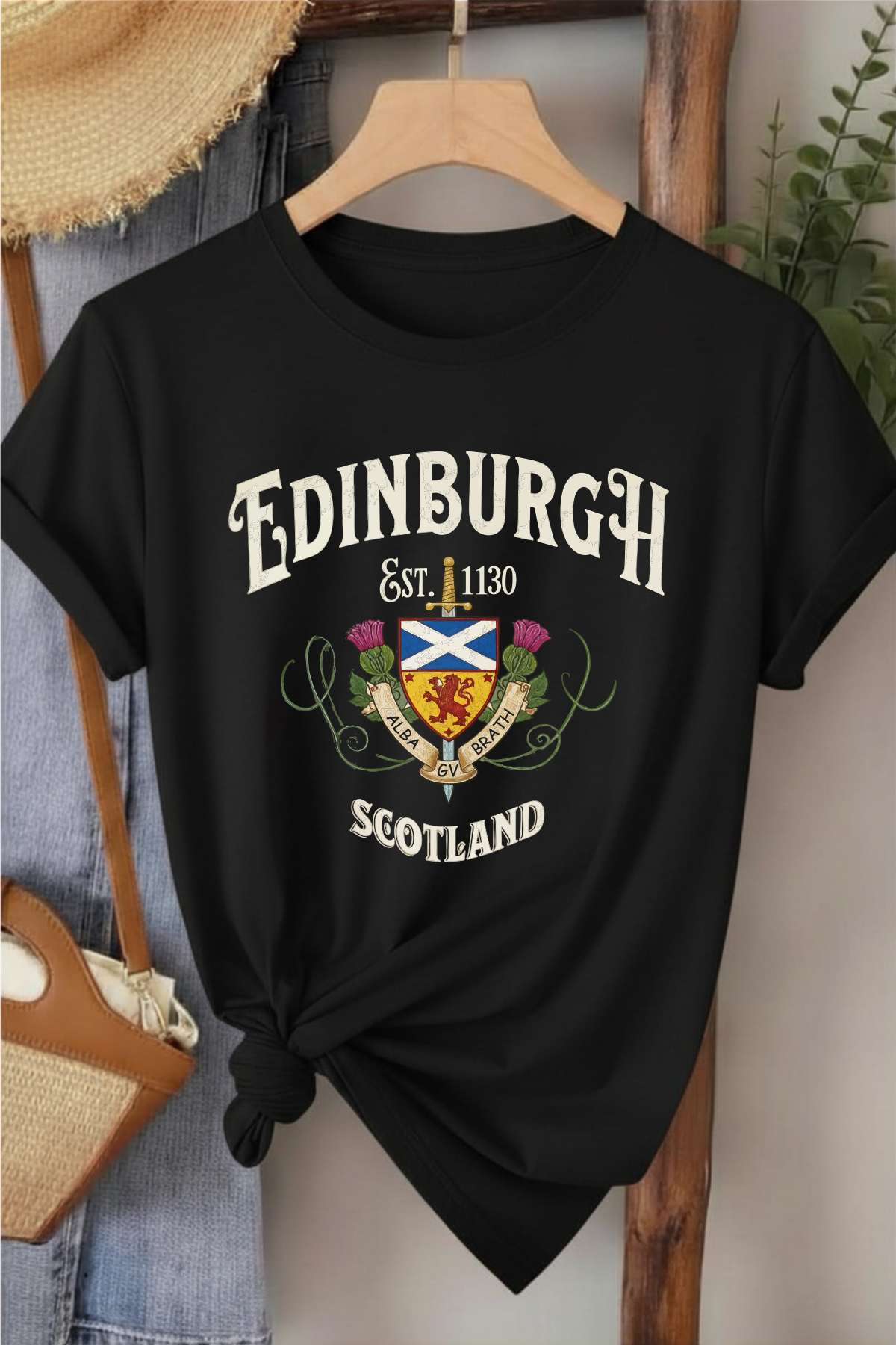 Edinburgh Scotland - Siyah Baskılı Pamuk T-shirt