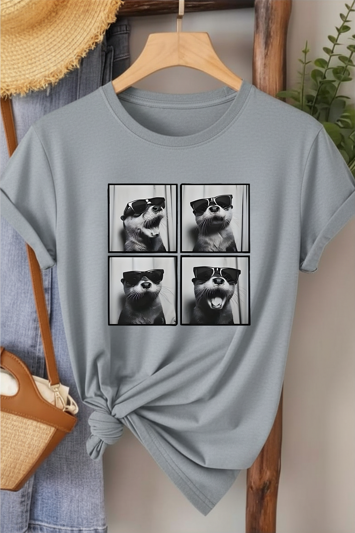 Gözlüklü Fok Pozlar - Gri Baskılı Pamuk T-shirt