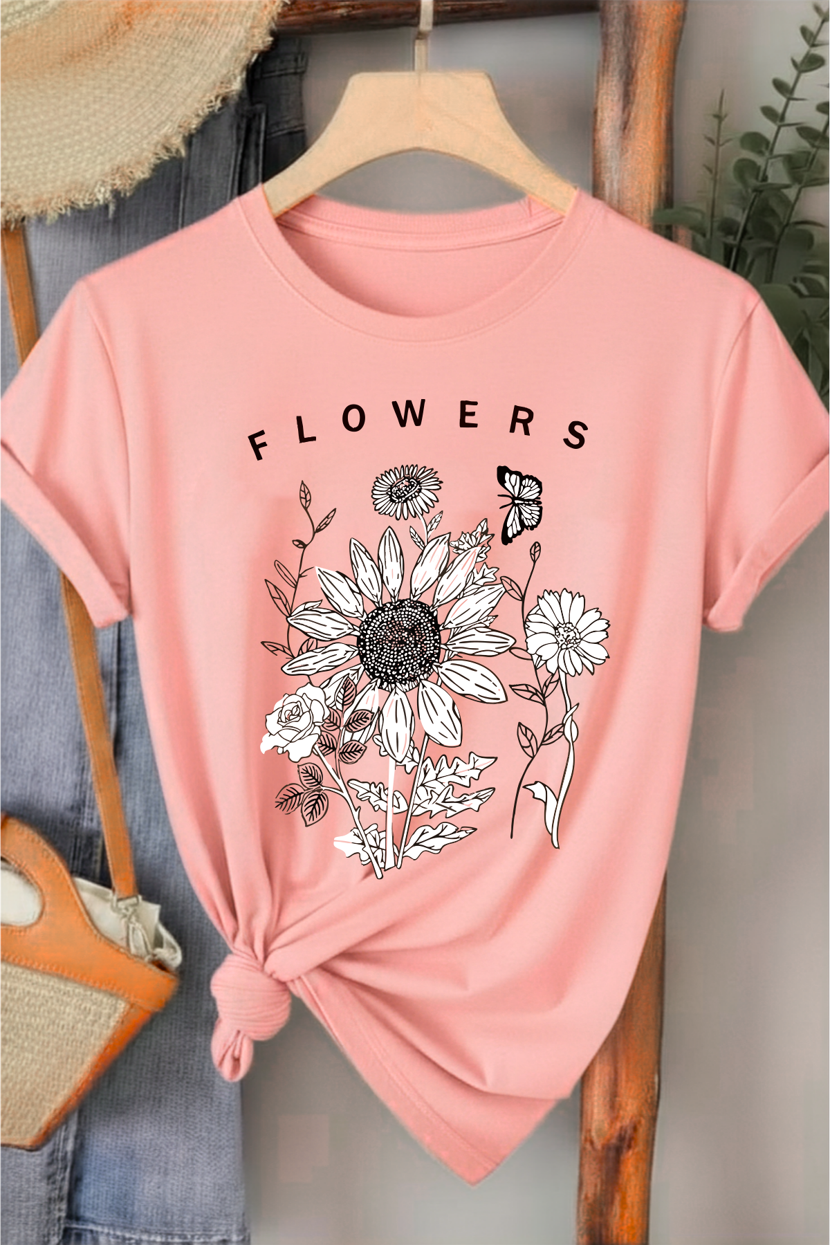 Flowers - Pembe Baskılı Pamuk T-shirt