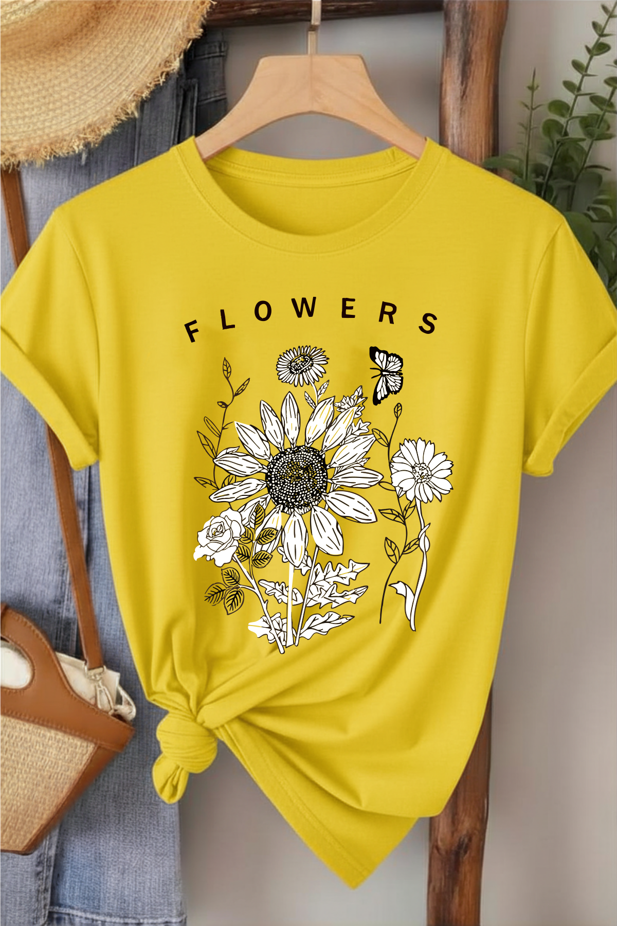 Flowers - Sarı Baskılı Pamuk T-shirt