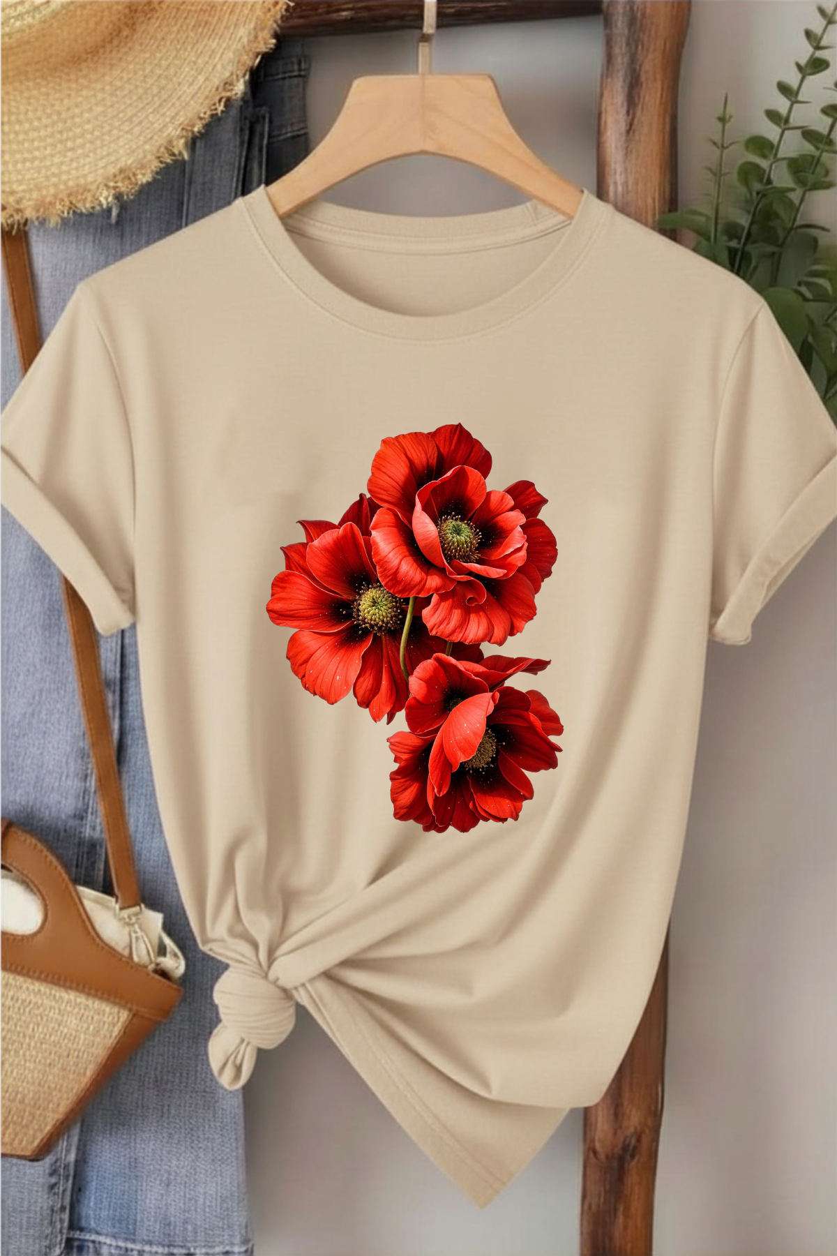 Üçlü Gelincik - Bej Baskılı Pamuk T-shirt