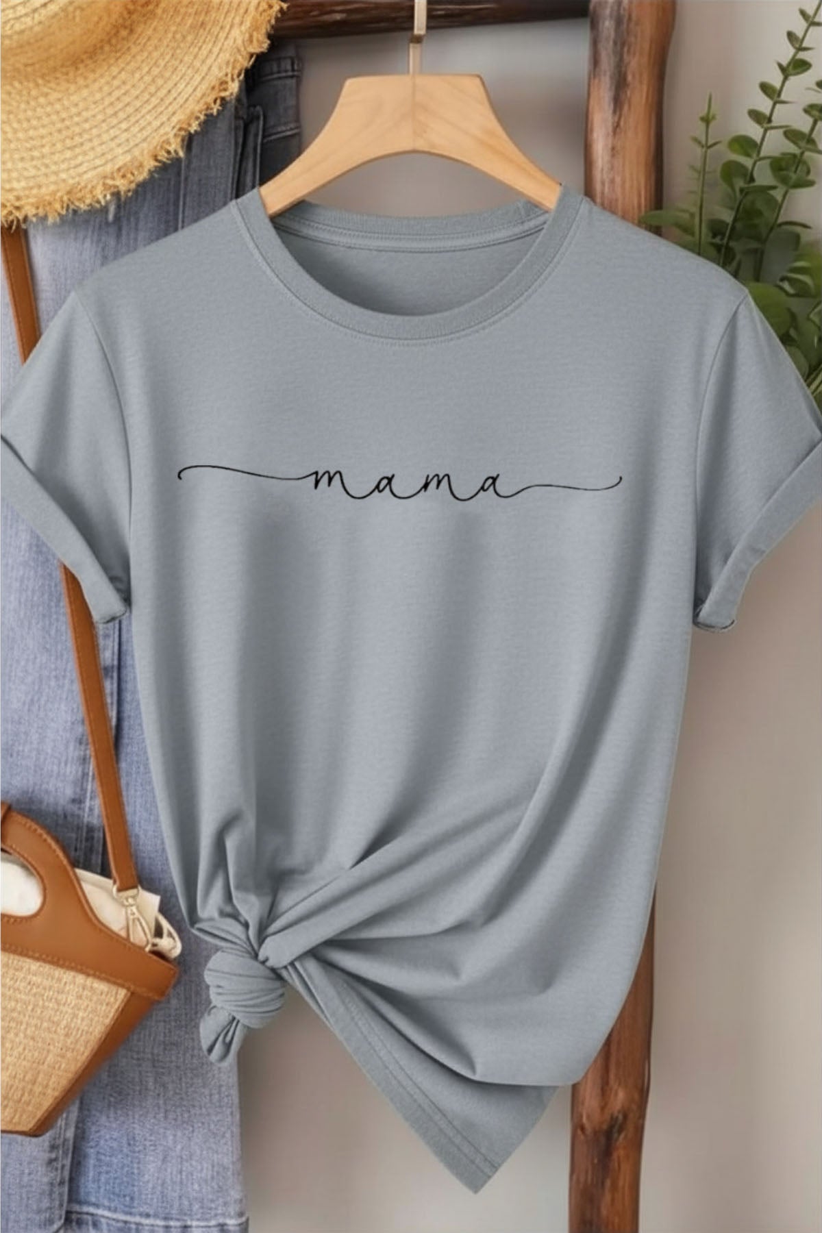Mama - Gri Baskılı Pamuk T-shirt
