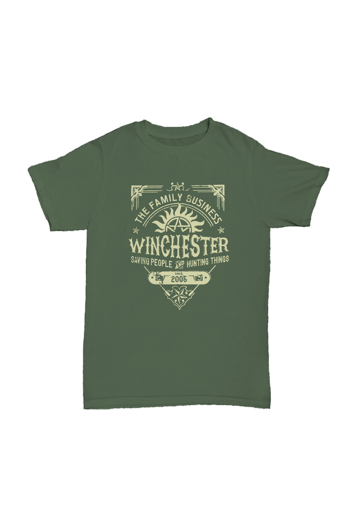 Supernatural - Winchester Bros. Haki Yeşili Baskılı Pamuk T-shirt