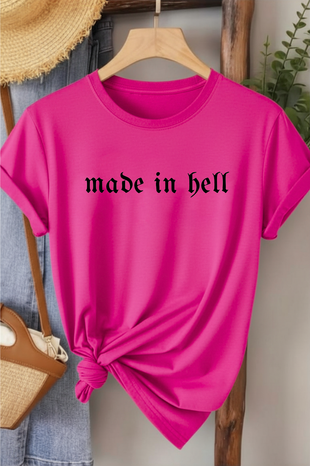 Made in Hell - Fuşya Baskılı Pamuk T-shirt