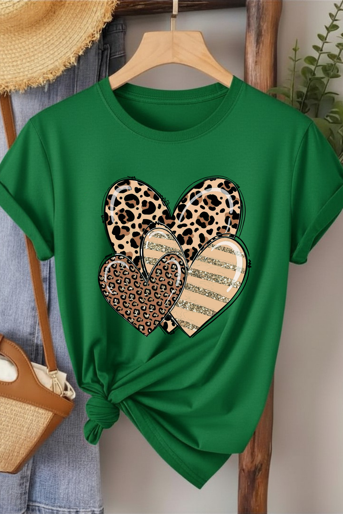 Leopar Üçlü Kalp - Yeşil Baskılı Pamuk T-shirt