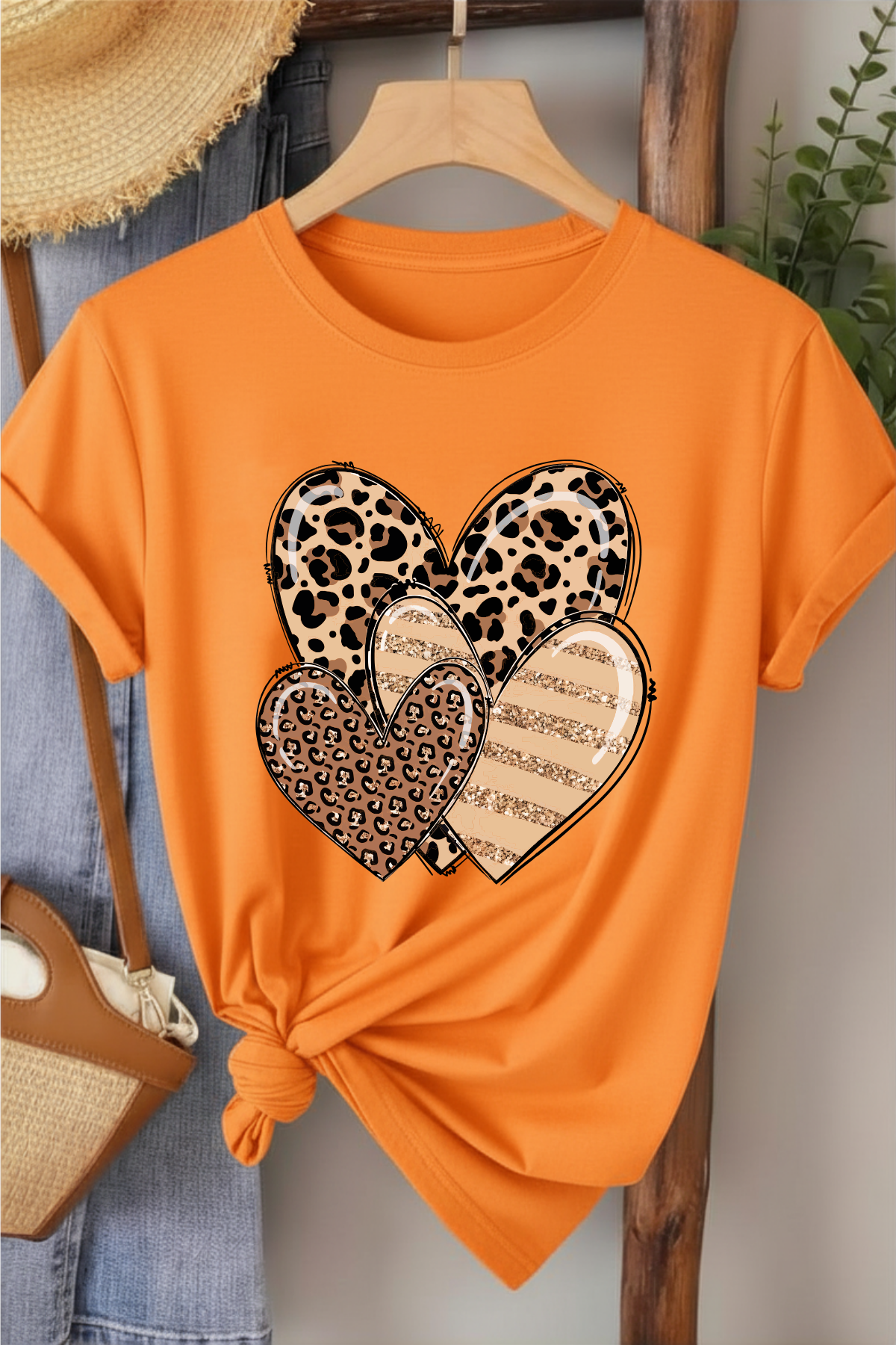 Leopar Üçlü Kalp - Turuncu Baskılı Pamuk T-shirt