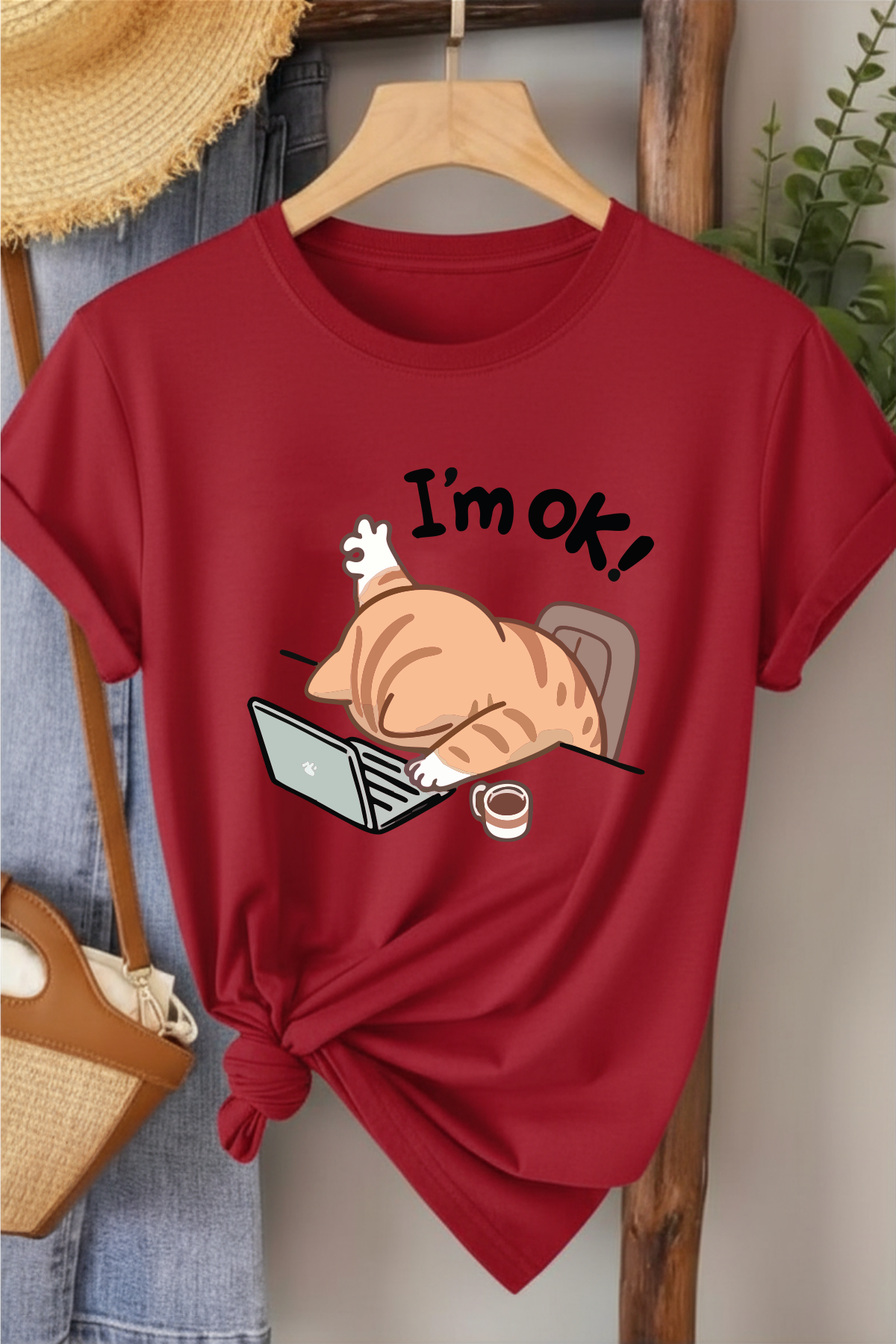 I' m Ok! - Kırmızı Baskılı Pamuk T-shirt
