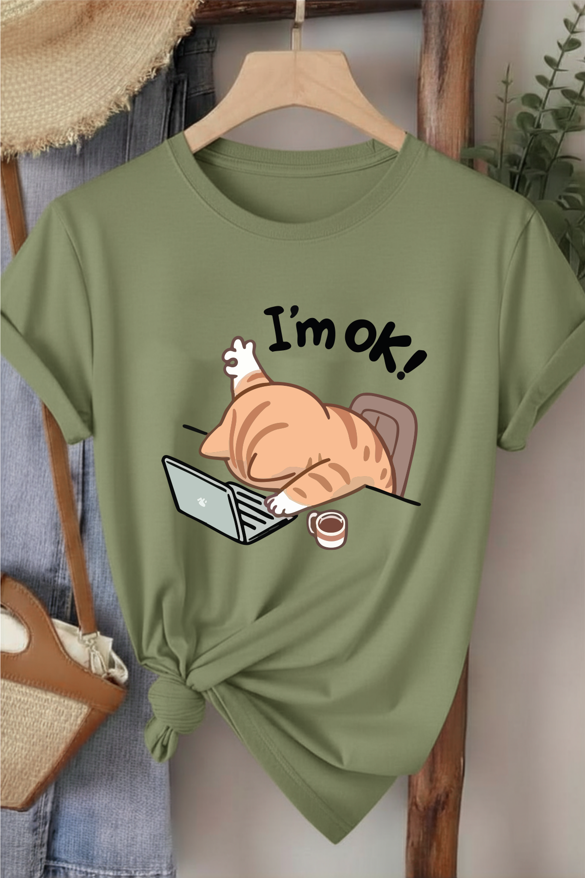 I' m Ok! - Haki Yeşili Baskılı Pamuk T-shirt