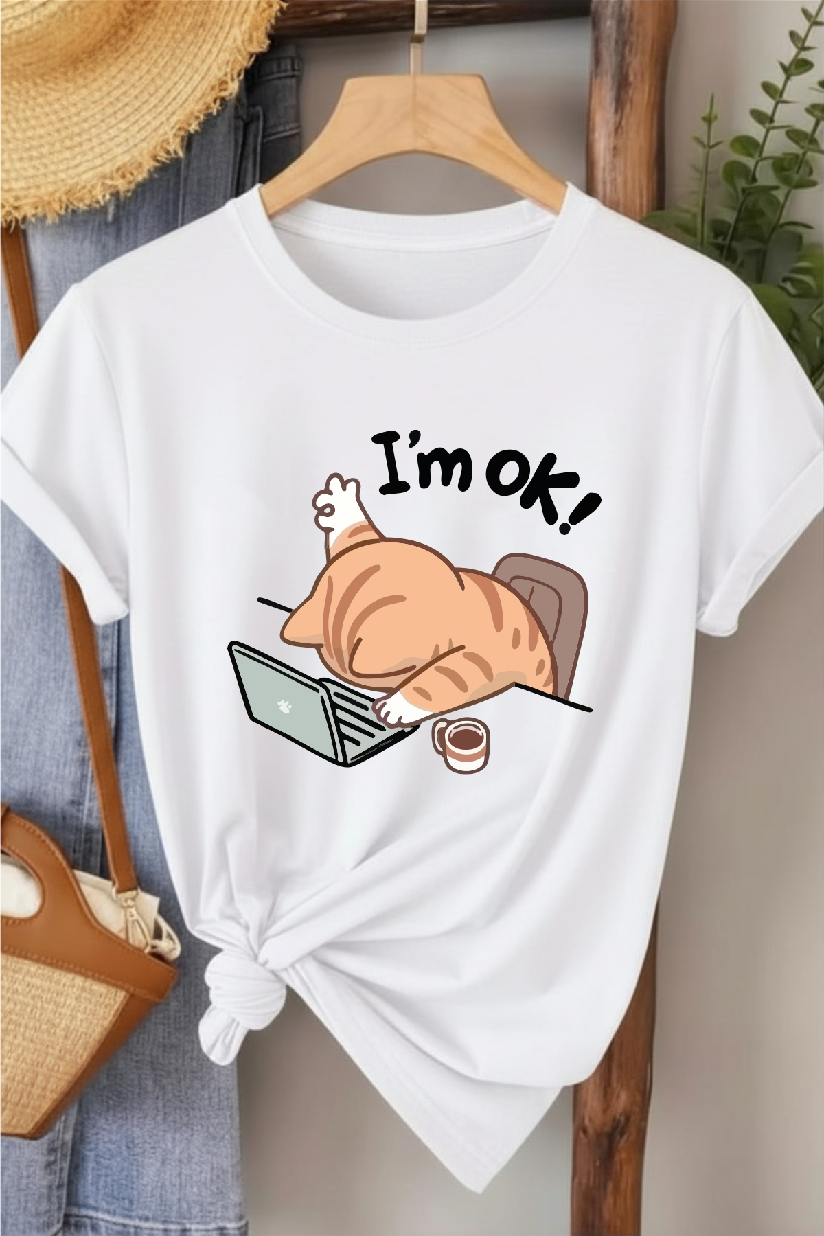 I' m Ok! - Beyaz Baskılı Pamuk T-shirt