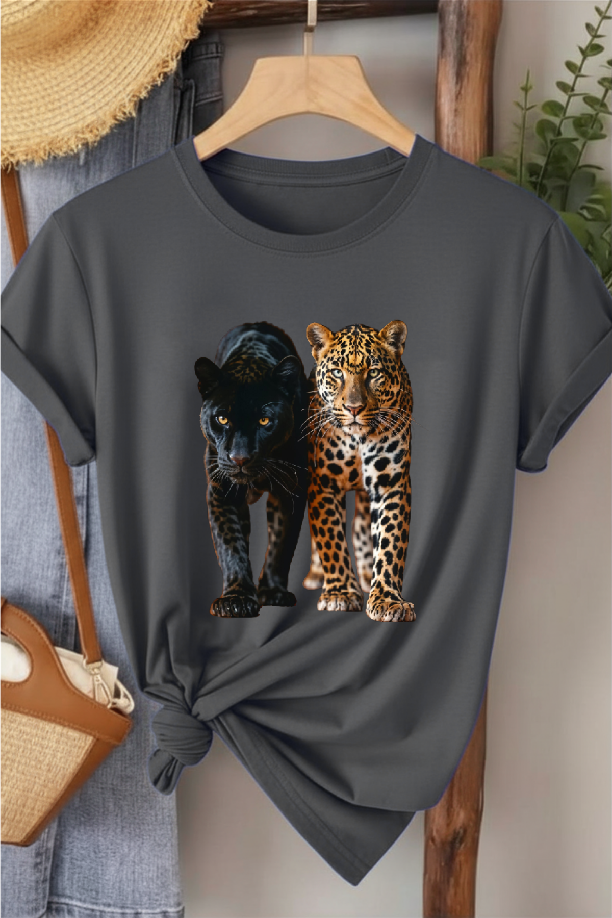 İkili Leopar - Füme Baskılı Pamuk T-shirt