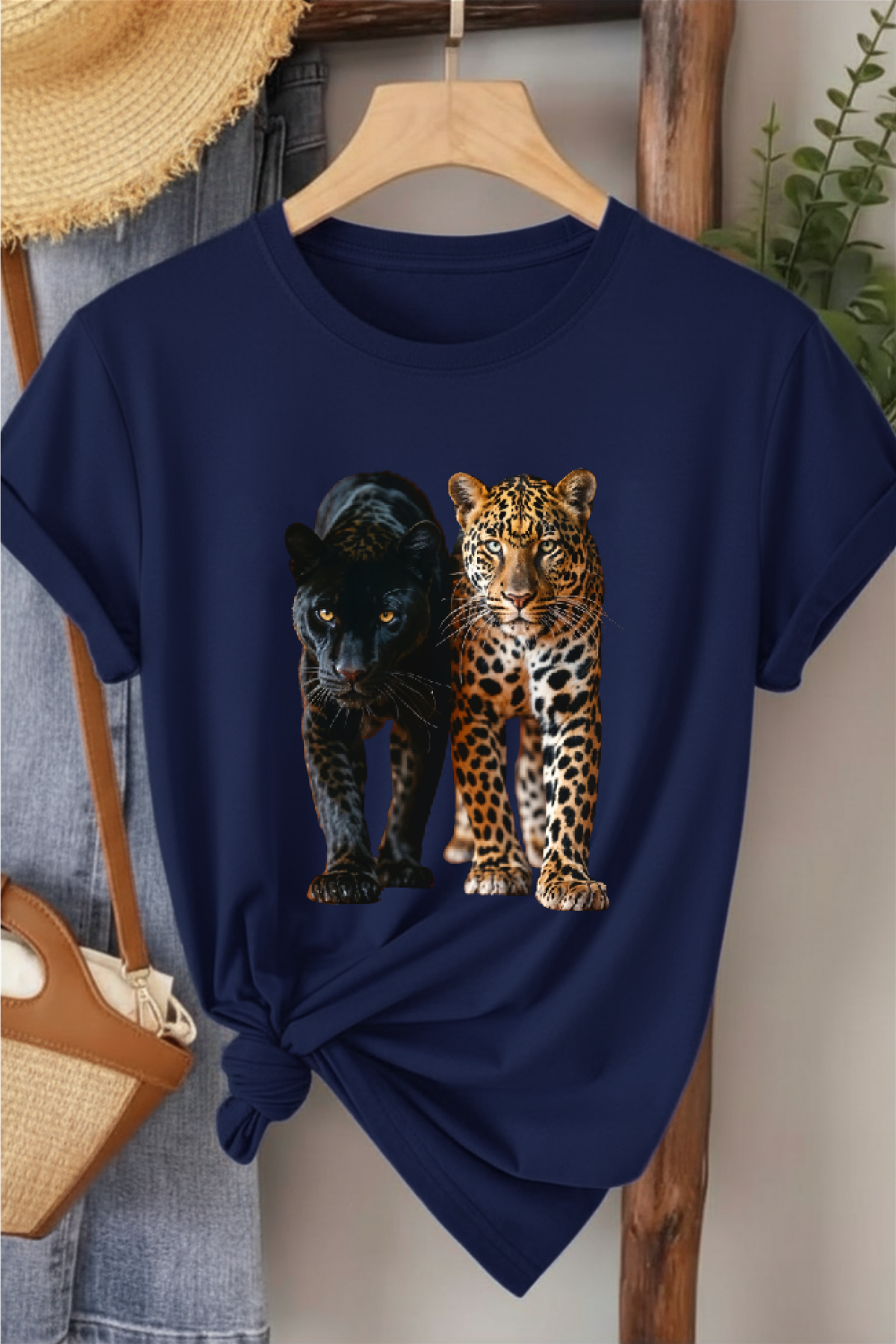 İkili Leopar - Lacivert Baskılı Pamuk T-shirt