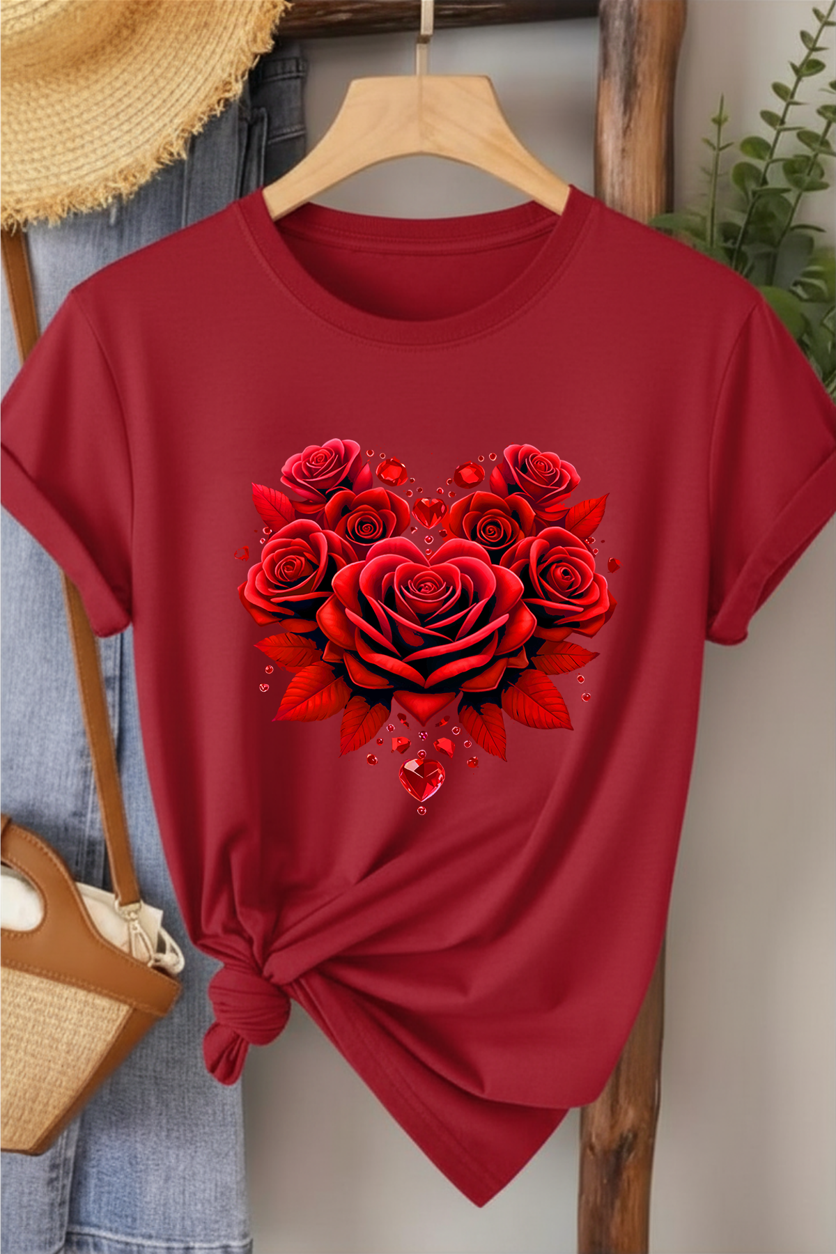 Gül Ana Renk Uyumlu - Kırmızı Baskılı Pamuk T-shirt