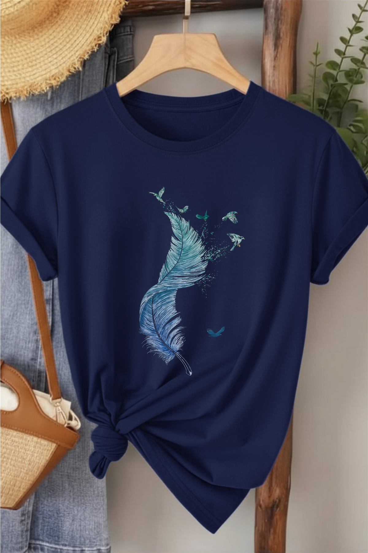 Kuş Tüyü - Lacivert Baskılı Pamuk T-shirt